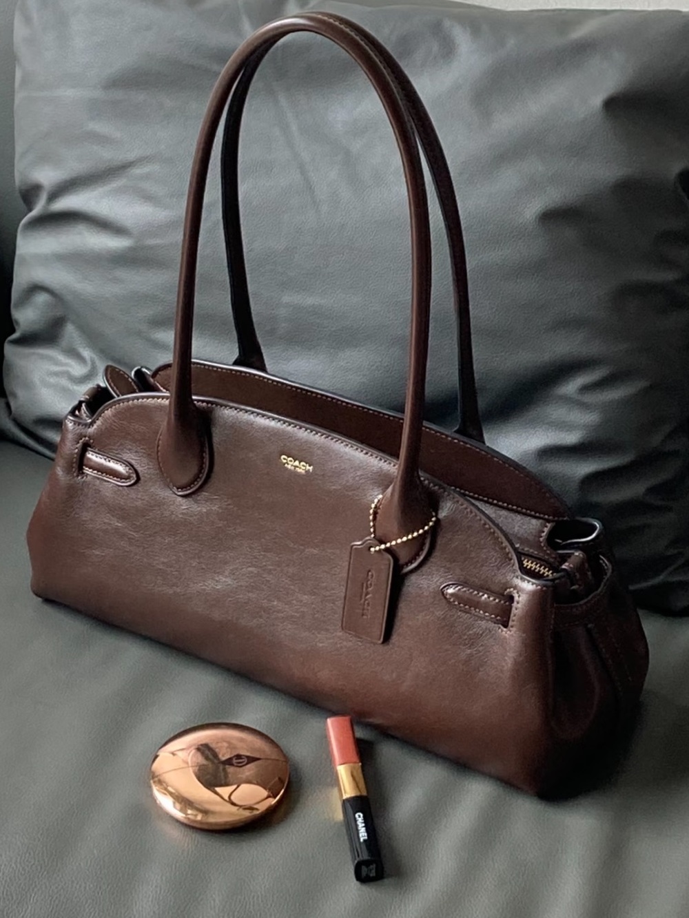 Coach Chocolate Brown Leather Shoulder Bag with Gold Logo